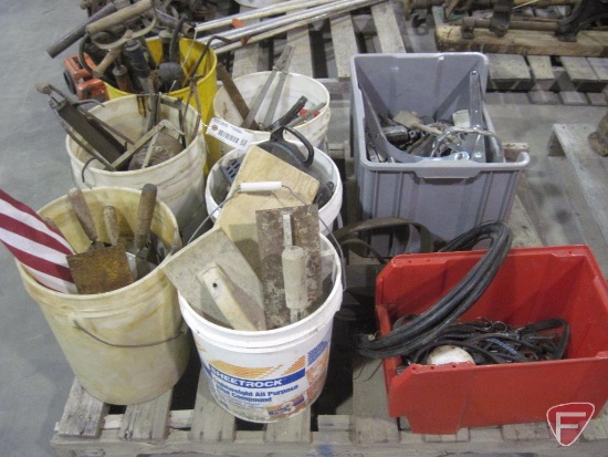 Pallet of parts, misc. tools, hand tire pumps, and masonry tools