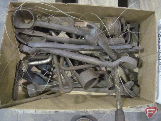 Two boxes of vintage wrenches and parts, including pail