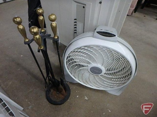 Lasko Cyclone fan and fireplace tools, both