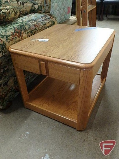 Wood end/side table on wheels with one drawer