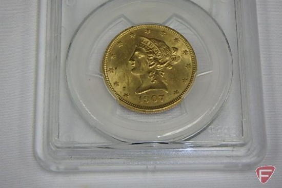 1907 PCGS MS63 Liberty Gold Coin, exceptional luster and eye appeal with scattered marks