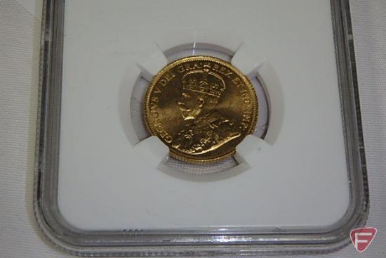 Bank of Canada Gold Coin Hoard, 1912 Canadian 5dollar gold coin, NGC certified, MS64