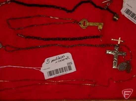 (3) pocket watch chains, (2) necklaces, and wood display box