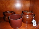 Bean pots, one with lid; and butter crock