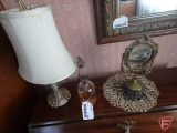 Metal base dresser lamp with vintage bottle and free standing mirror