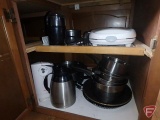 Belgium waffle maker, coffee grinder, pans, and pots