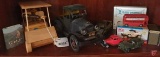 Light metal truck, Tootsie Toy military jeep, Tonka truck, wood golf car, and classic
