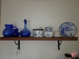Blue glass ware, with blue salt box and shelf