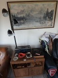Cabinet and contents: ash trays, radio, Holy Bible, wood art; lamp, and framed picture