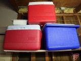 (3) coolers, bird seed, and folding stool