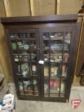 Vintage cabinet, 2 door, wood shelves, framed glass doors