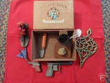 Metal toy guns: Spud and Special Agent; shoe repair form, wood cigar box