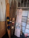 Wood water skis: Kid Skids pair, Express Gardens pair, and other single