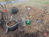 Garden bench, flower pot, poly paver, metal plant stand, metal lawn art, green glass