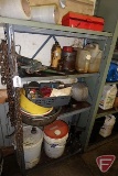 Shelf and contents: jack stands, funnels, jack, screw drivers, pliers, shrink wrap,