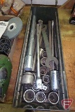 3/4in drive breaker bar, sockets, ratchet, and wrenches
