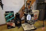 Test Rite drill press stand with tilt table, drill sharpener, Quick dowel jig, and sanding drums