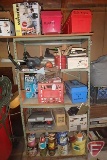 Shelf and contents: Black & Decker wall paper stripper, Wagner power painter system,