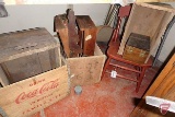 Wood boxes/crates, child's chair, wood scroll work/shelf brackets
