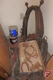 Horse collar and harness, stirrup, bungee step, and other vintage horse bits and metal hardware