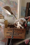 Old desk lamp, skeleton keys, silverware, Bemis Bro. Bag co. bags, other cloth bags