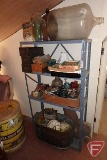 Shelf and contents: glass jugs, sewing machine drawers, scrap books, convex picture