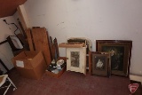 Ice auger, crutches, wood barrel, table, dolls, mirrors, old cupboard, pictures,
