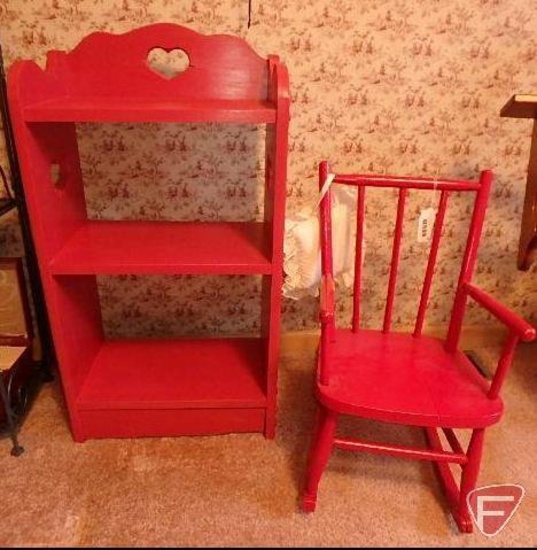 Childs red chair with red shelf