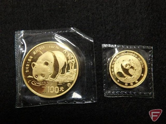 China Panda gold coins; 1987-large one is 1 oz au.100. Small one is 1/4 oz au 25 1988