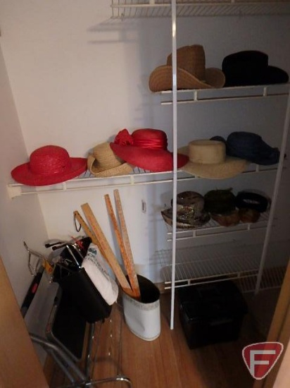 Ladies and men's hats with rulers and Rubbermaid step stool