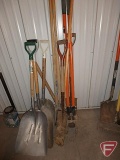 Post hole diggers, rake, pick ax, shovels