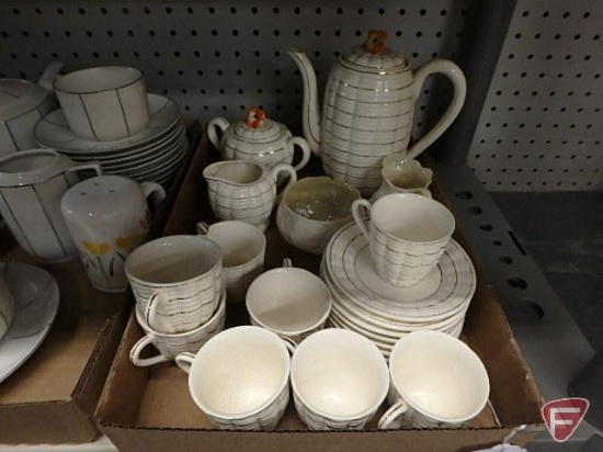 Belleek Irish Porcelain lotus pattern cream and sugar, sugar bowl has chip, and