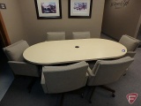 Wood laminate conference table with metal base and 6 chairs on casters