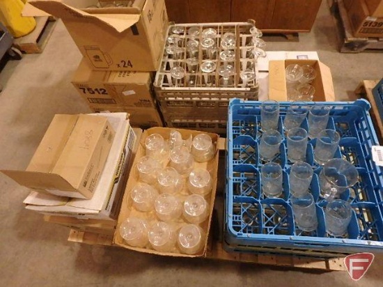 Bar glasses and (2) partial boxes of plastic butter knives, silver and white