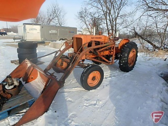 Allis Chalmers WD tractor with Keegan trip bucket loader, chains, wide front, sn 158952