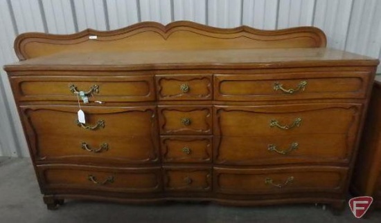 Wood dresser/cabinet, 12 drawers, 35inHx70inWx22inD, and wood headboard 80inW, Both