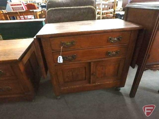 Wood storage cabinet/serving cabinet on casters, 2 drawers 2 doors, with drop down sides,