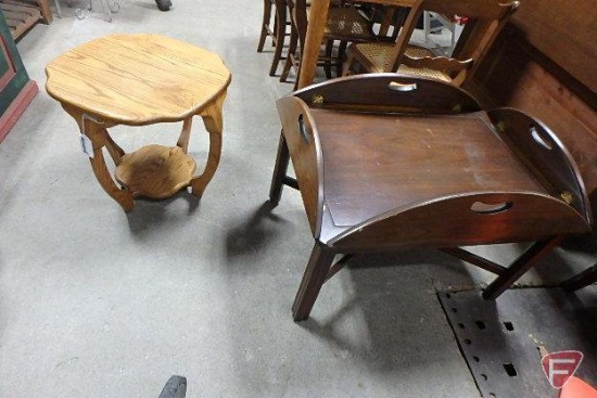 Wood coffee table with drop down sides 17inH and wood table 19inH, Both