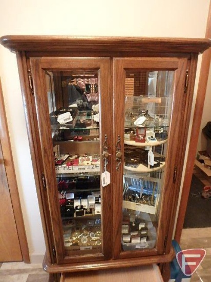 Glass door cabinet, 3 glass shelves, mirror, lighted, glass top