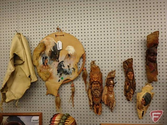 Native American wall decoration, deerskin, carved faces, and painted skin, All 7 pieces