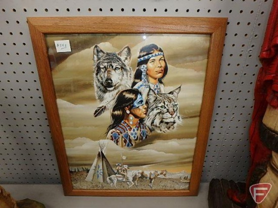 Native American framed pictures, one is a framed puzzle 26inx19iin, All 3