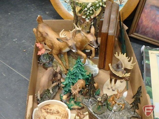 Deer themed items, figurines, candle holder, bookends, wall decoration, curtains