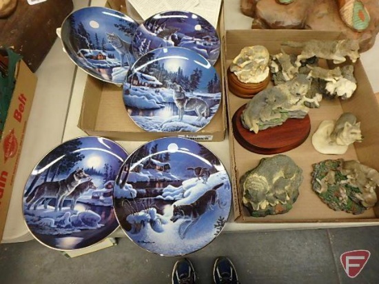 Wolf themed items, Nightwatch The Wolf collector plates with hangers, wolf figurines, one musical
