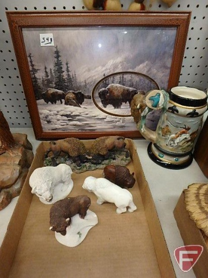 Buffalo themed items, framed picture 15inHx18inW, figurines and stein, Box plus picture