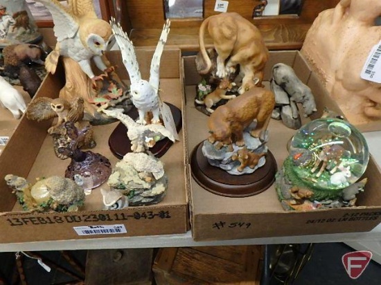 Animal figurines, owls and mountain lions, both boxes