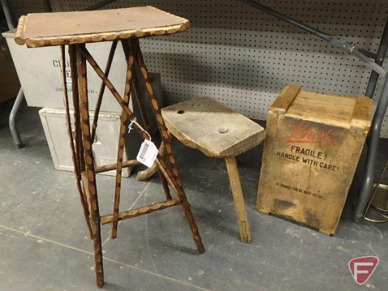 Wood items, stand 26inH, stool and Schatz wood box, All 3 pieces