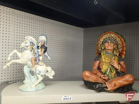 (2) figurines, woman on horse 17in H and sitting chief 19inH, both