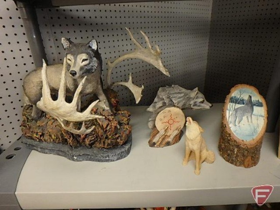 Shelf of wolf items, figurines, picture, pottery, stein, and others, 13 items