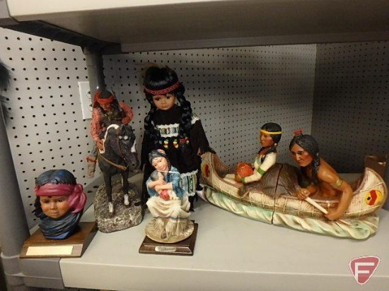 Native American figurines, doll and bookends, 5 pieces