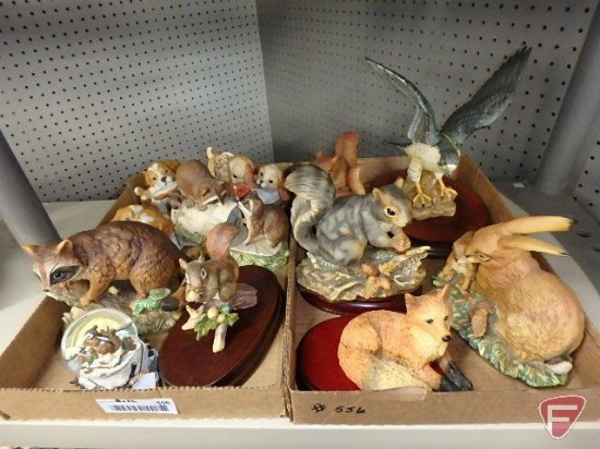 Animal figurines, squirrel, raccoon, rabbit, puppies and others, Both boxes